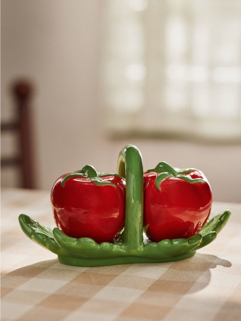 Anthropologie Red Tomato Salt & Pepper Set with Green Caddy